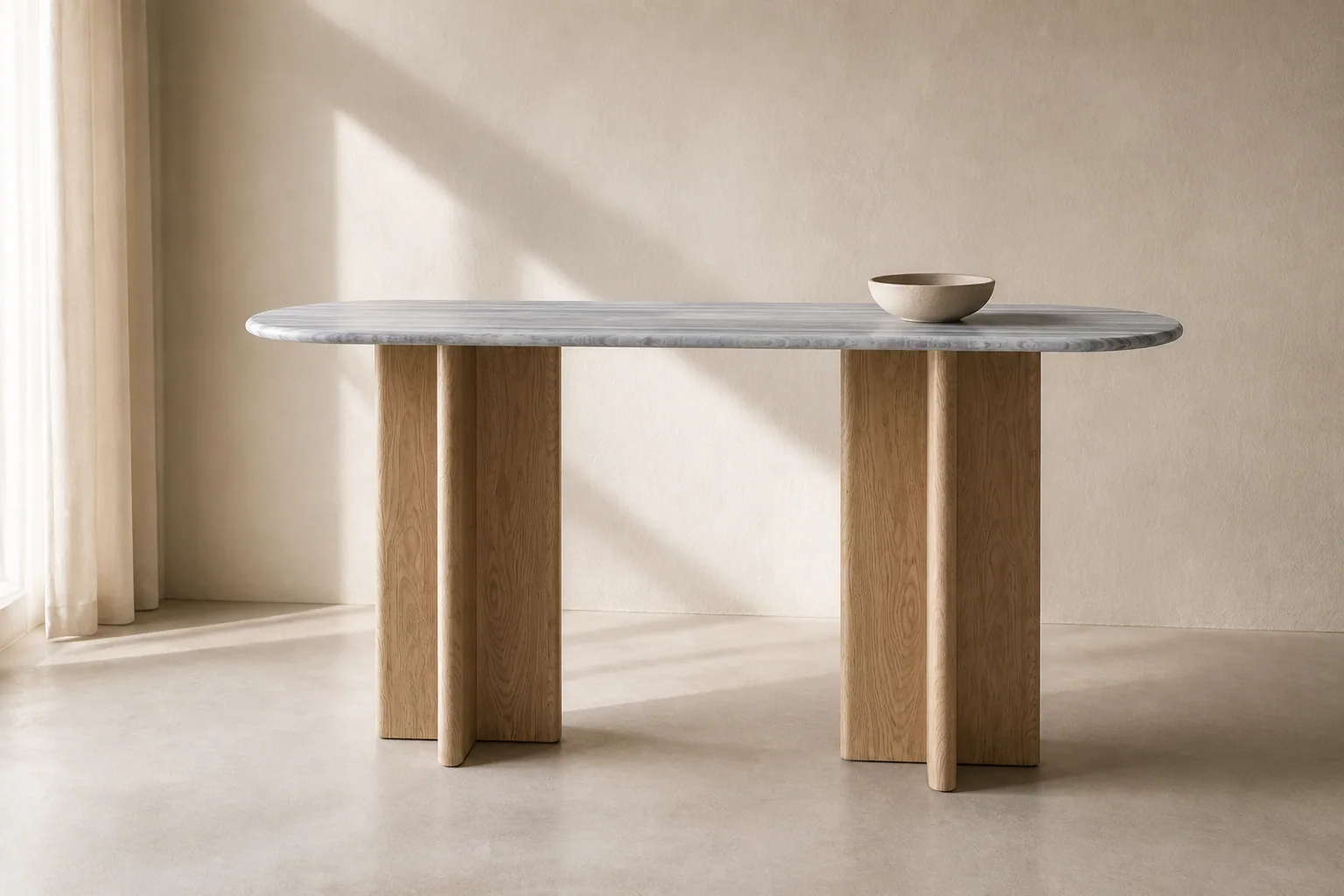 AYP080 long rounded table with pale grey patterned top and paired wood-grain supports
