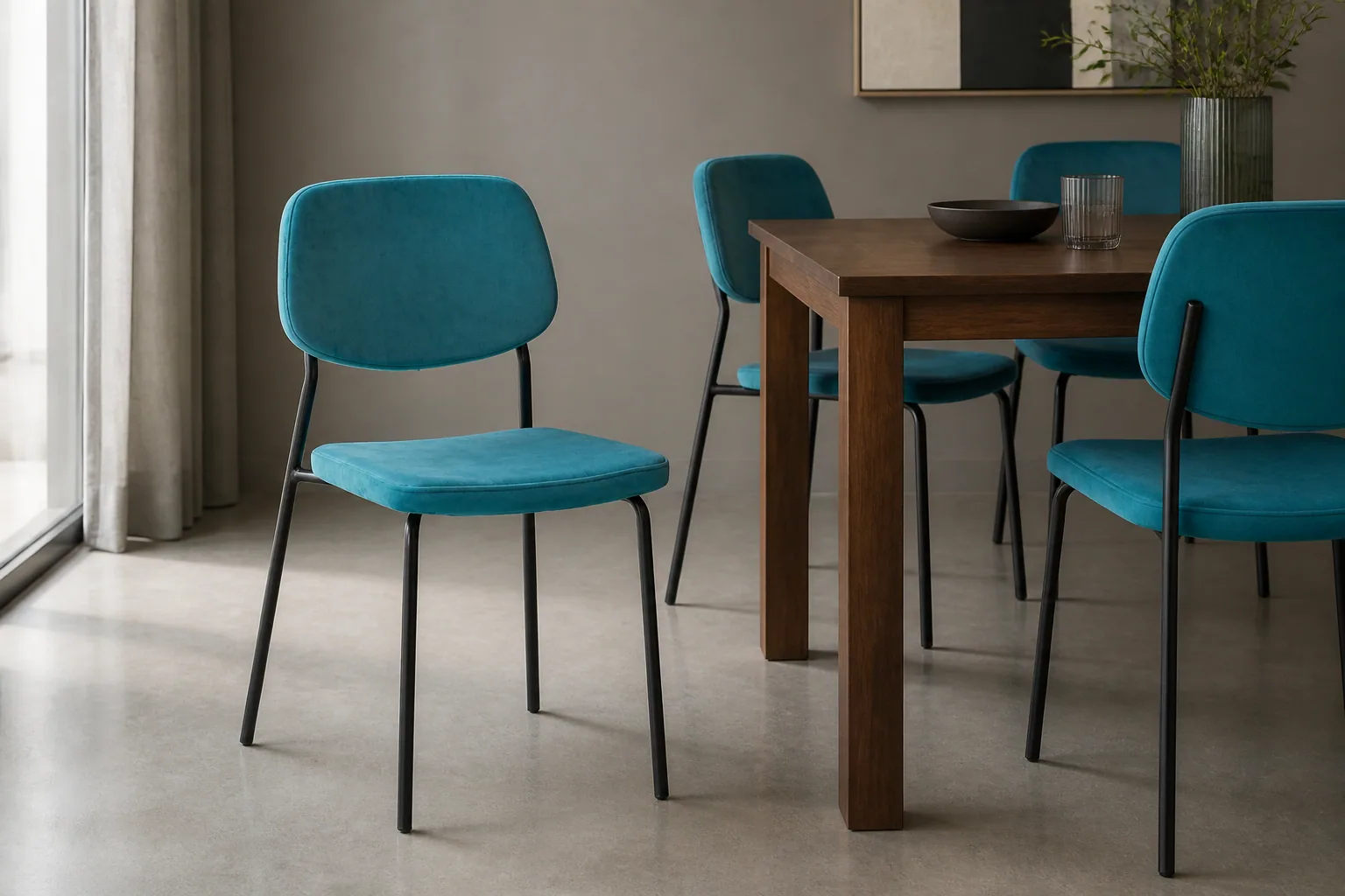 HTC0050 teal-blue dining chairs around a walnut dining table