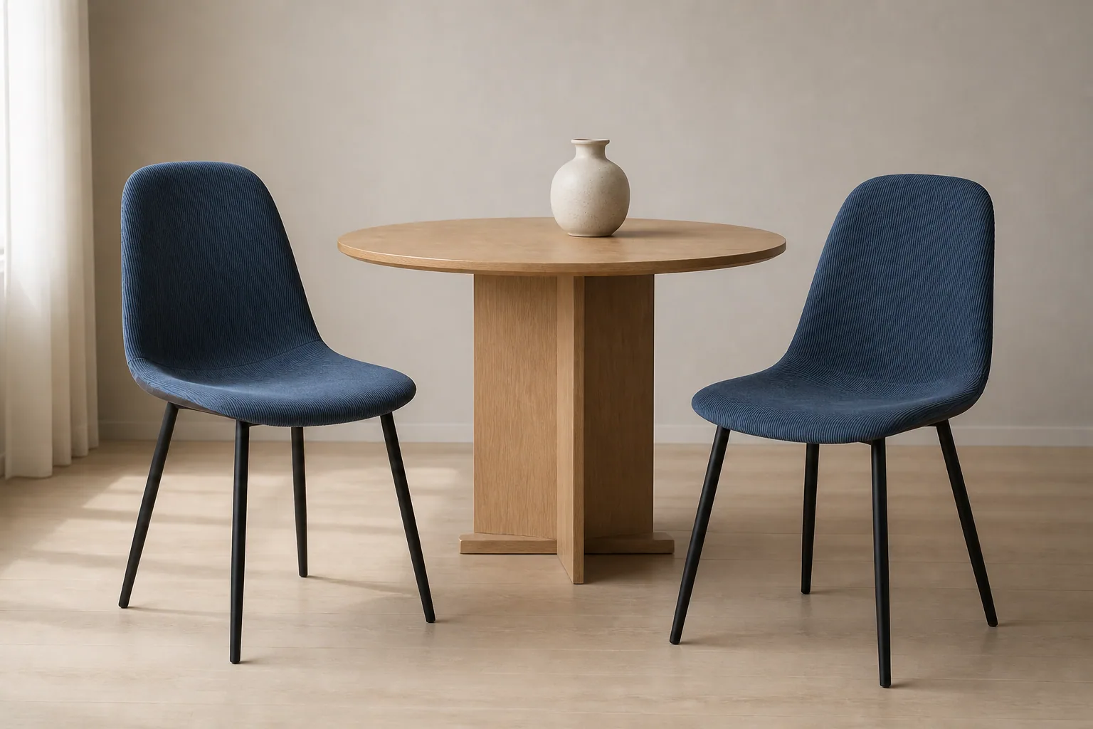 Two HTC0074 navy-blue ribbed dining chairs beside a light oak table