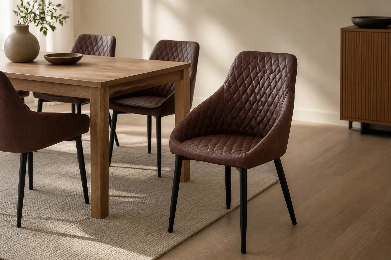 HTC0093 brown quilted dining chairs arranged around a timber dining table