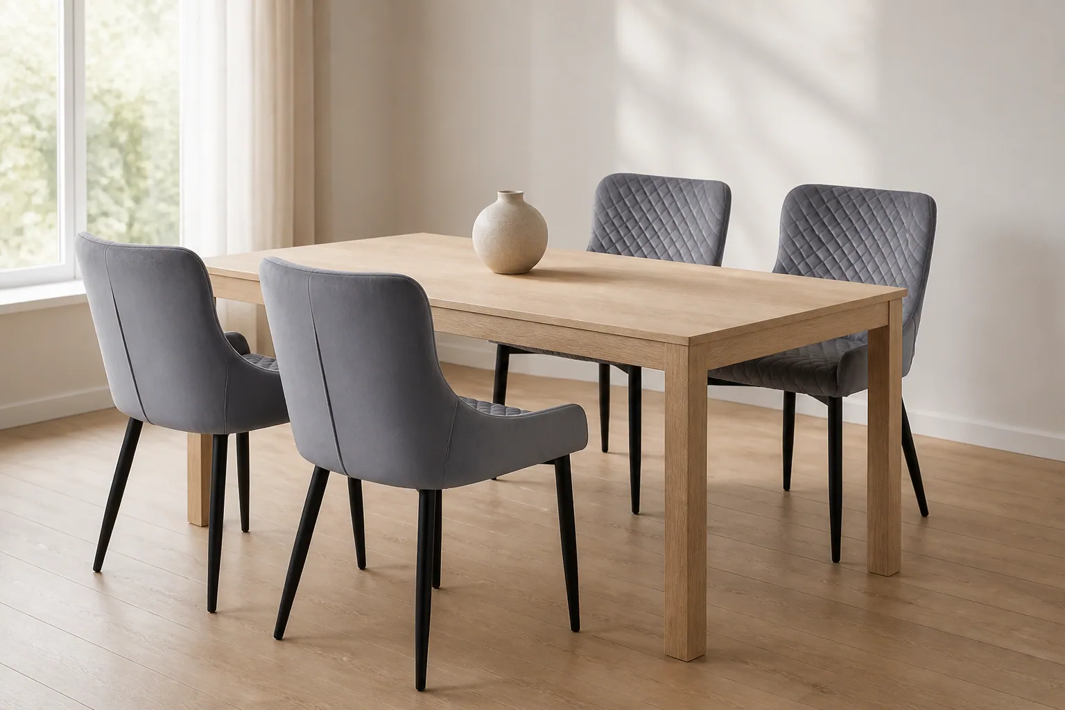 HTC0094 grey diamond-quilted dining chairs around a light oak dining table