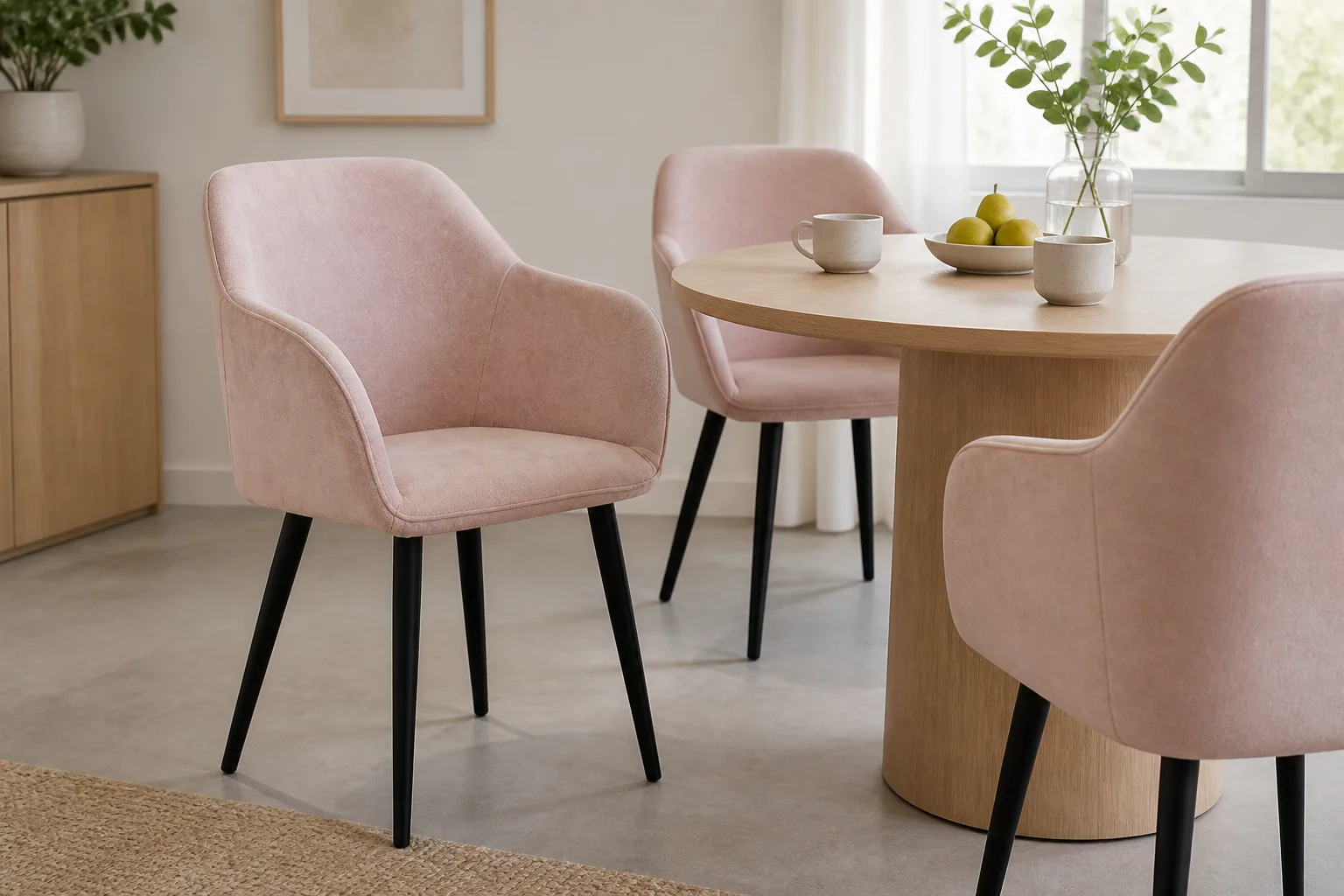 HTC0110 pale blush-pink upholstered dining chairs around a light timber table