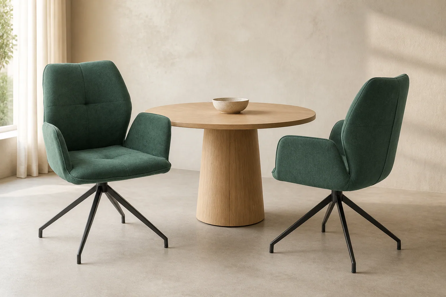 Two HTC0137 green dining armchairs with four-spoke black bases beside a light oak table