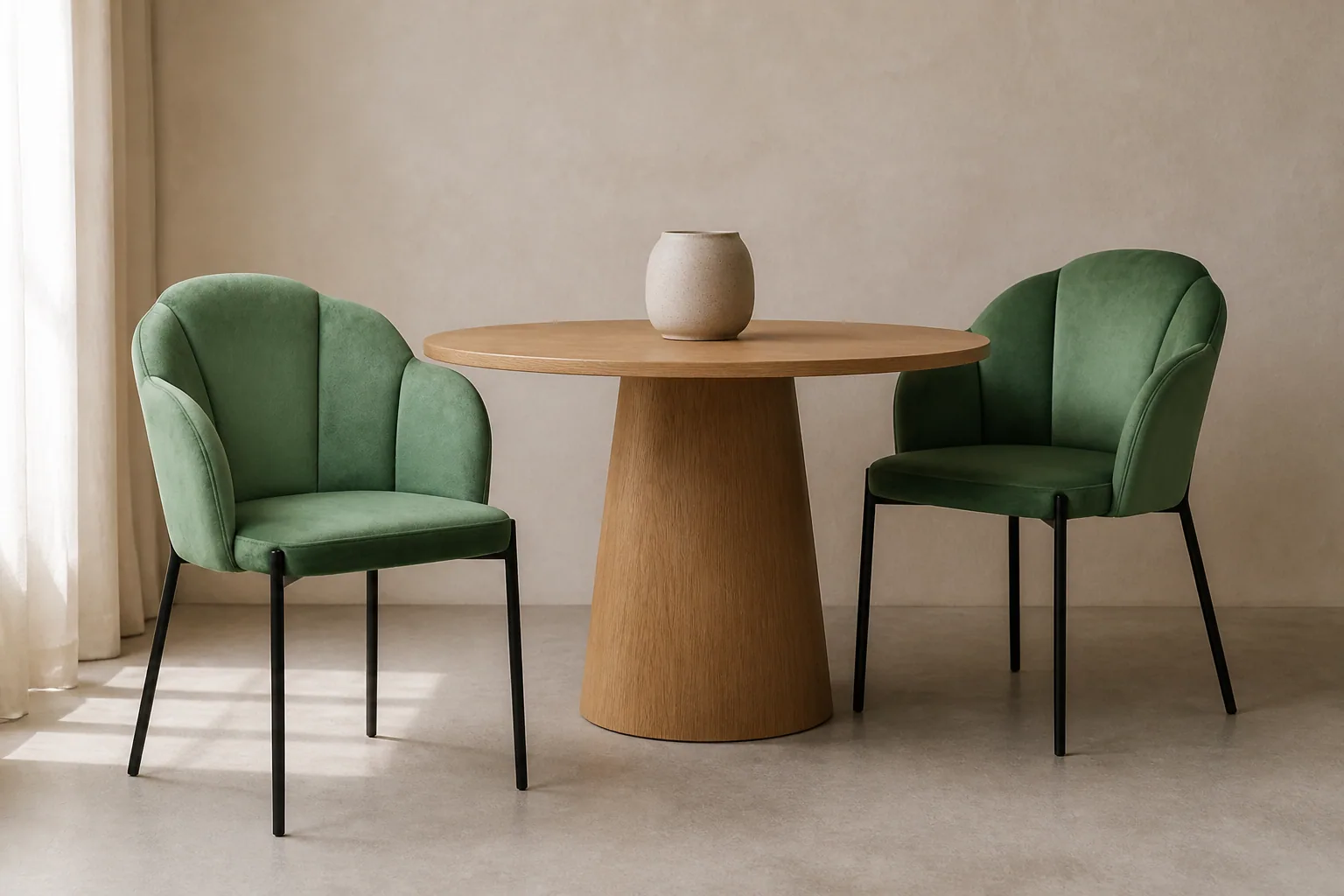 Two HTC0166 green panelled dining chairs beside a round oak table
