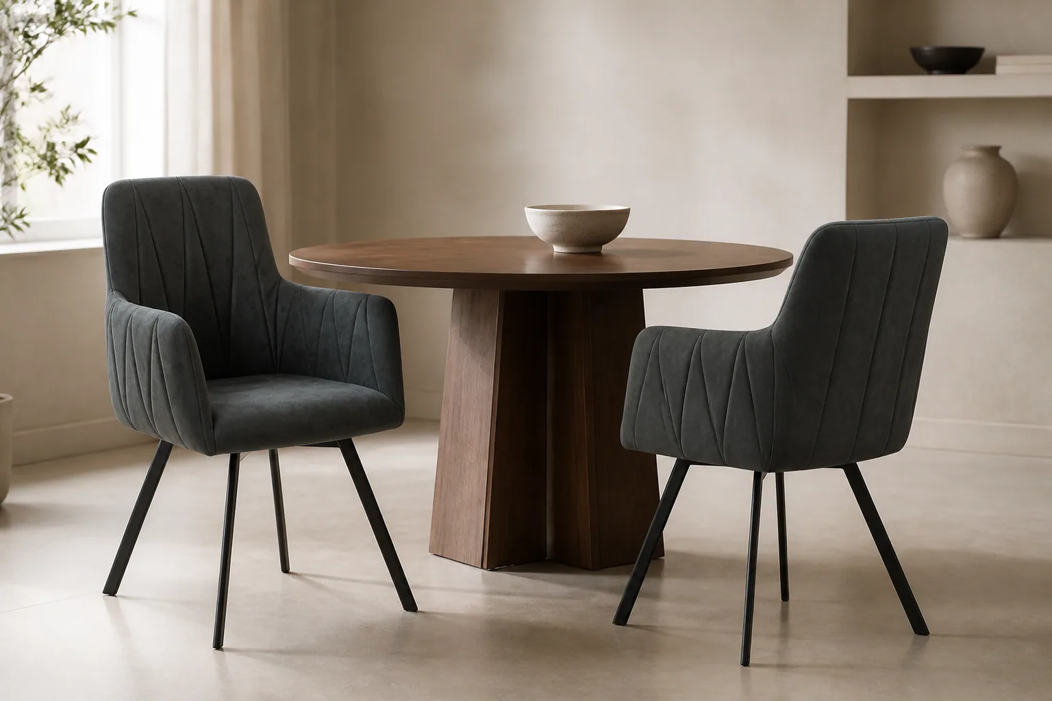 Two HTC0167 charcoal dining armchairs beside a round walnut table