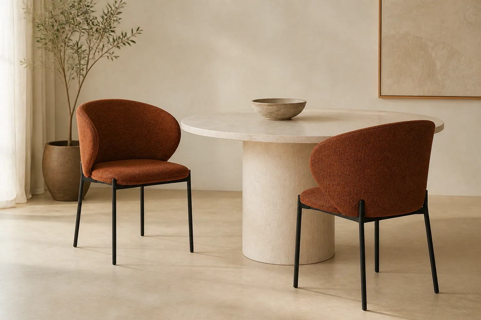 Two HTC0168 rust-brown curved-back dining chairs beside a pale round table