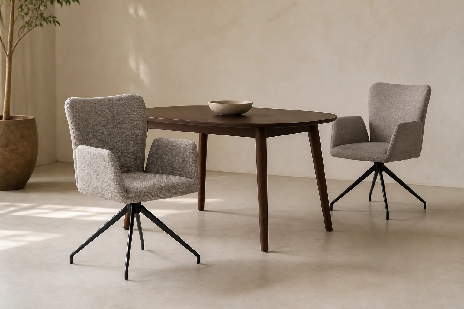 Two HTC0175 taupe-grey high-back dining chairs beside a dark walnut table