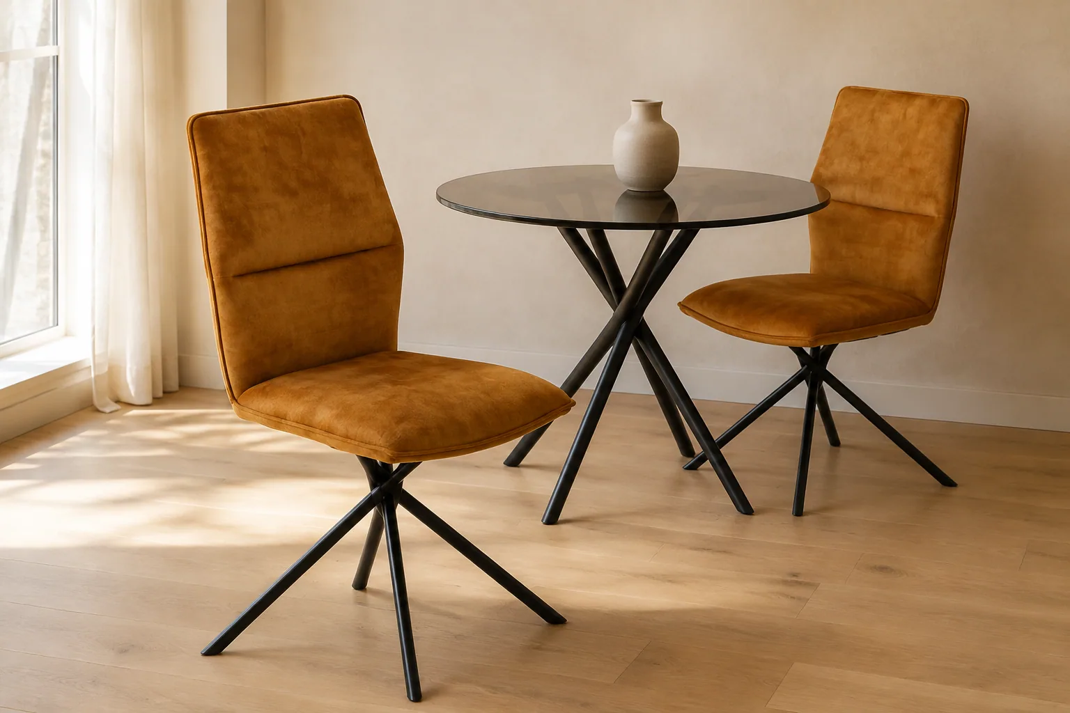 Two HTC0176 ochre high-back dining chairs beside a round glass table