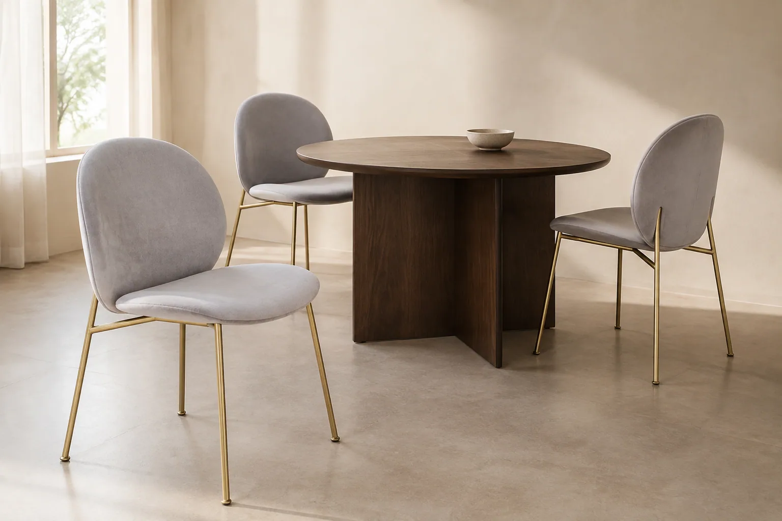 Three HTC0210 light grey rounded-back dining chairs around a dark walnut table