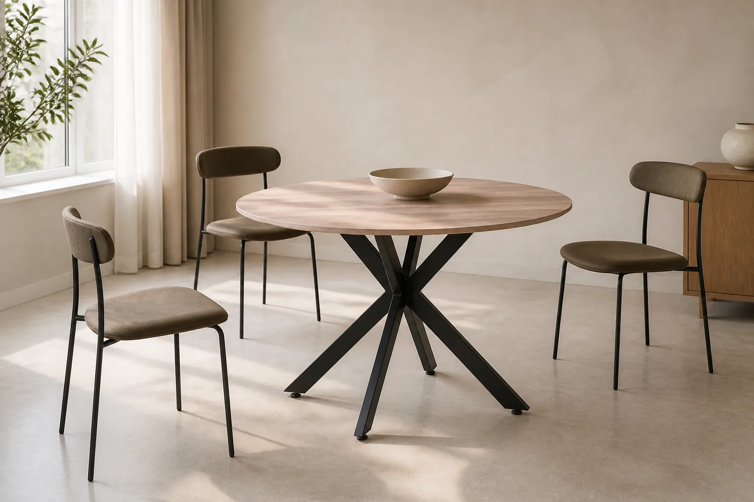 HTD0006 round pale wood-look dining table with black star-cross base in a dining room