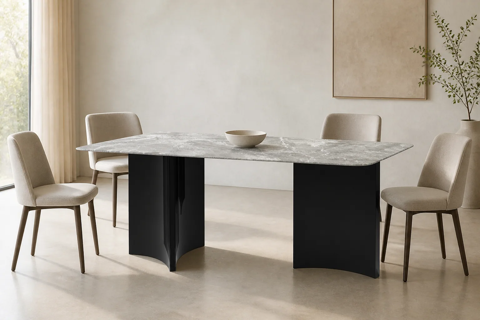 HTD0080 grey stone-look dining table with asymmetric black supports in a neutral dining room